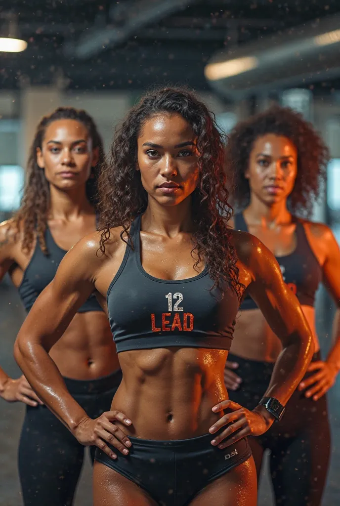 Athletic beautiful fitness models in group shirt say 12 LEAD