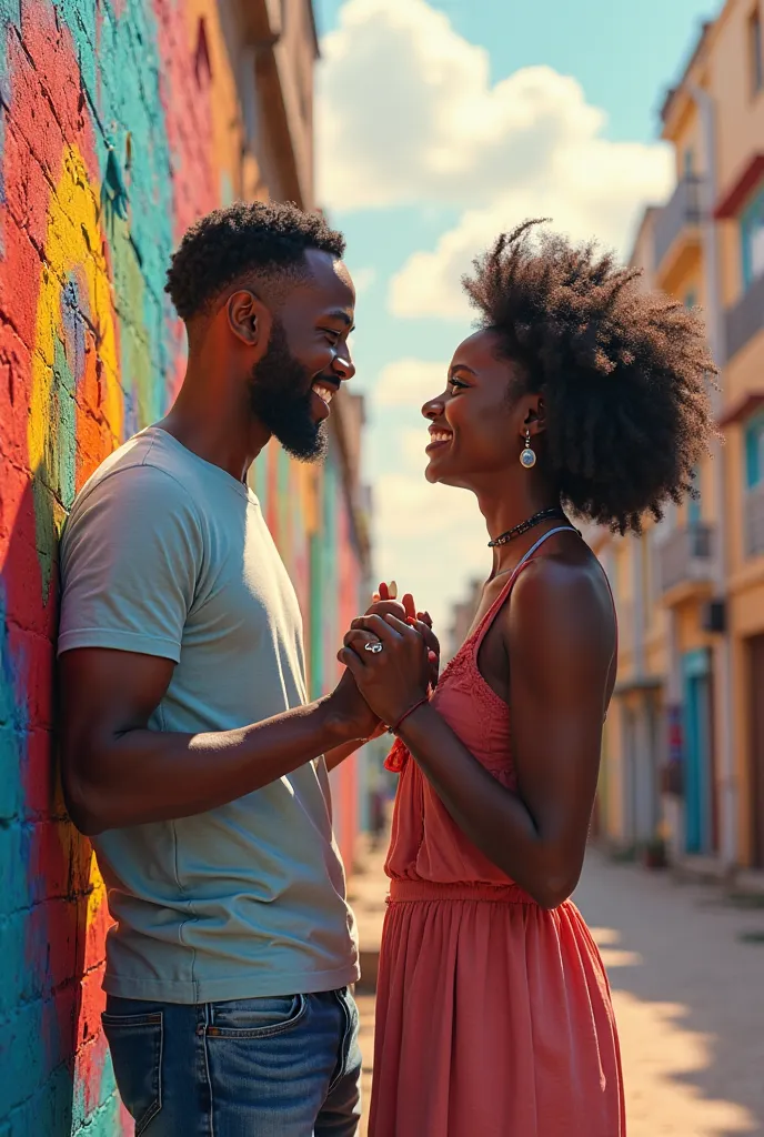 Image of a young African artist painting a wall with his sweetheart while talking, With a smile