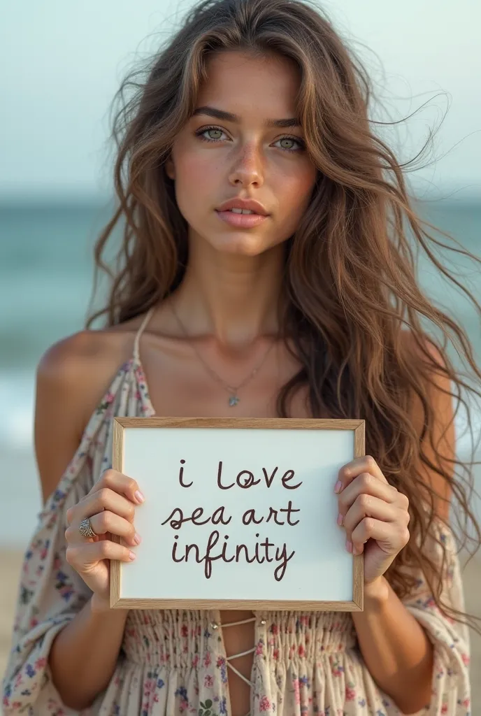 Beautiful girl with wavy long hair, bohemian dress, holding a white board with text "I Love Seaart Infinity" and showing it to the viewer