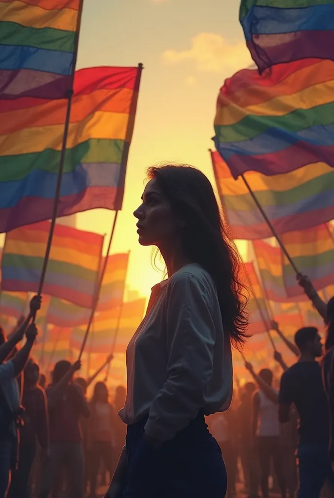 Woman in a thoughtful silhouette because of the injustices of the gay community, while flags of many colors were waving around them