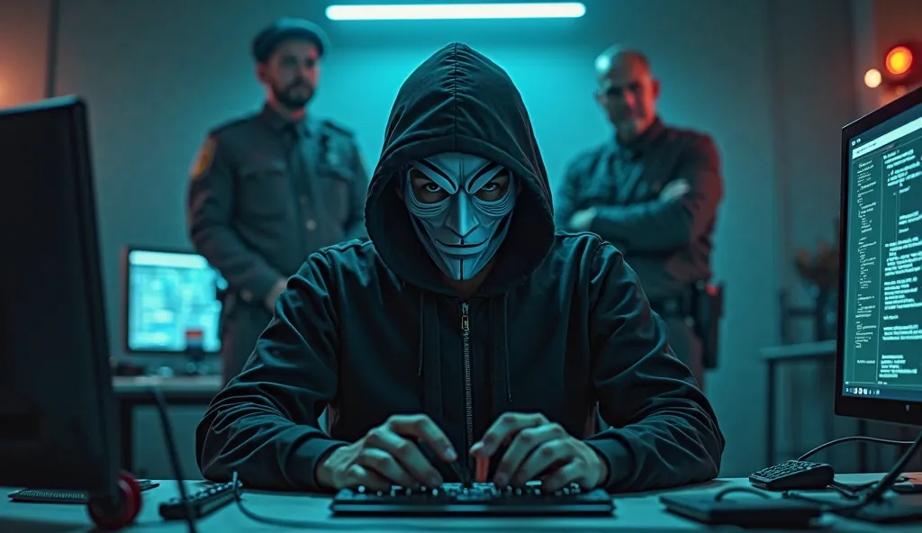  A brilliant young hacker wearing a scary mask and sitting in a mysterious situation, Two officers stand behind him, taking him from his shoulder