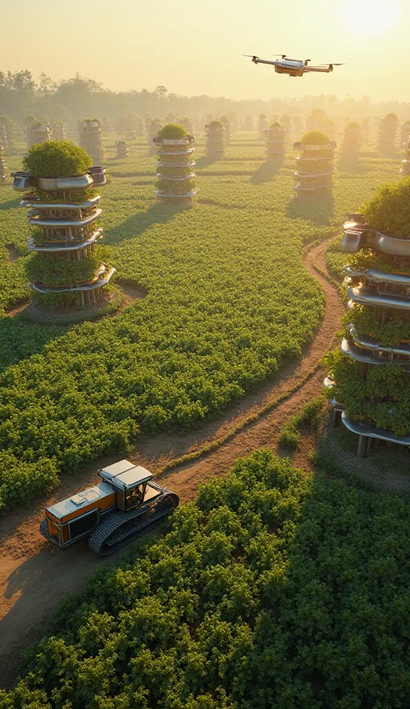 "A hyper-realistic aerial view of a vast, futuristic farm blending traditional fields with high-tech vertical gardens. Drones hover above, and an electric tractor rolls through the crops. The scene is bathed in golden sunlight, with a mix of green fields a...