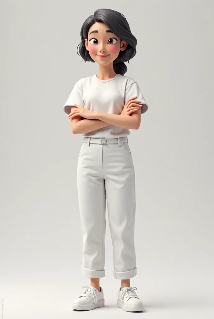 A stylized 3D doll depicting a female pharmacy attendant, standing, with a friendly smile and a professional posture. She must be wearing a white t-shirt and dress sneakers, conveying trust and sympathy. The t-shirt must have a visible and adequate space o...