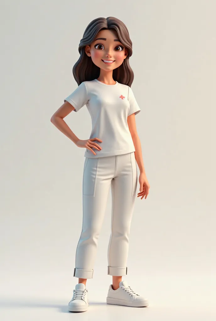 A stylized 3D doll depicting a female pharmacy attendant, standing, with a friendly smile and a professional posture. She must be wearing a white t-shirt and dress sneakers, conveying trust and sympathy. The t-shirt must have a visible and adequate space o...