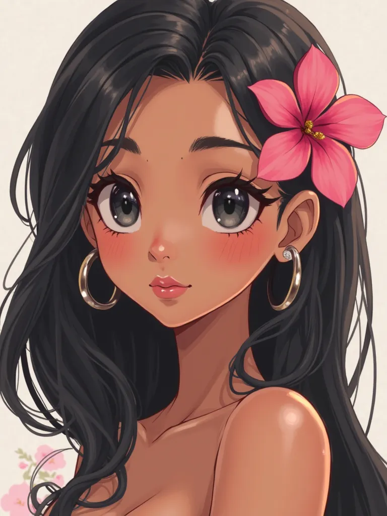 Animated young woman, Smooth dark mane hair without snaps,  a pink waiana flower in her hair,outlined eyes, with large silver ring rings, bare shoulders,sin senos  polera blanca bare shoulders, DARK BLACK EYES fit