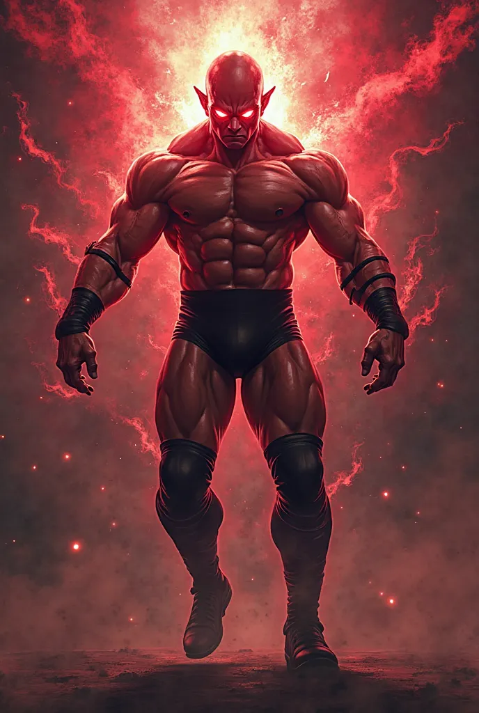 
Create an image of a wrestler with eyes glowing red and doing anime-style wrestling pose