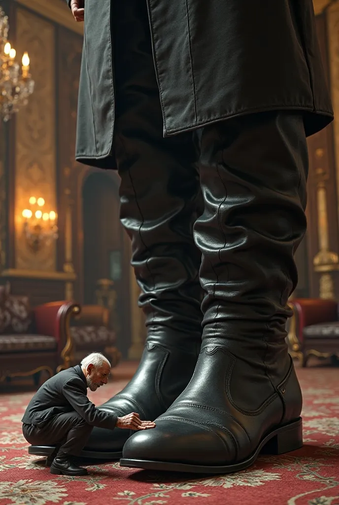 A very very very very tiny little small old man cleaning a enormous giant black tall thigh high leather boots over the knee that a mega enormous giant business lady wearing it 