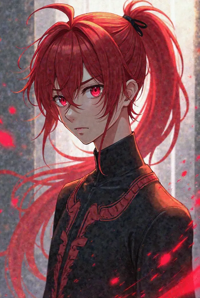 A animé boy with a pony tail and red hair and red eyes