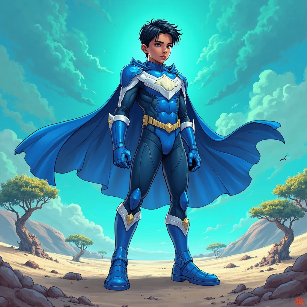 The  little hero is called Valor Azul, a name that represents his bravery and determination. He is thin and has short black hair, with a serious expression that transmits courage beyond your age. His hero costume is blue with white parts on the shoulders, ...