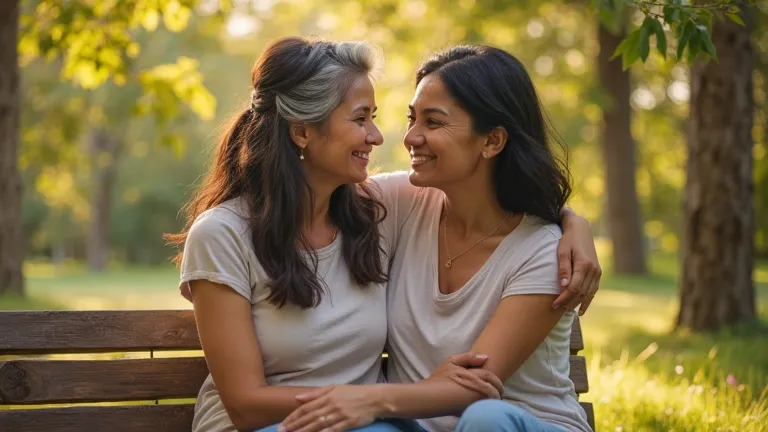 A heartwarming scene of a Peruvian mother (50-60 years old) with her Peruvian daughter, both with distinct Andean features, sharing a special moment outdoors. The mother has warm brown eyes, high cheekbones, a slightly rounded nose, and slightly wavy dark ...