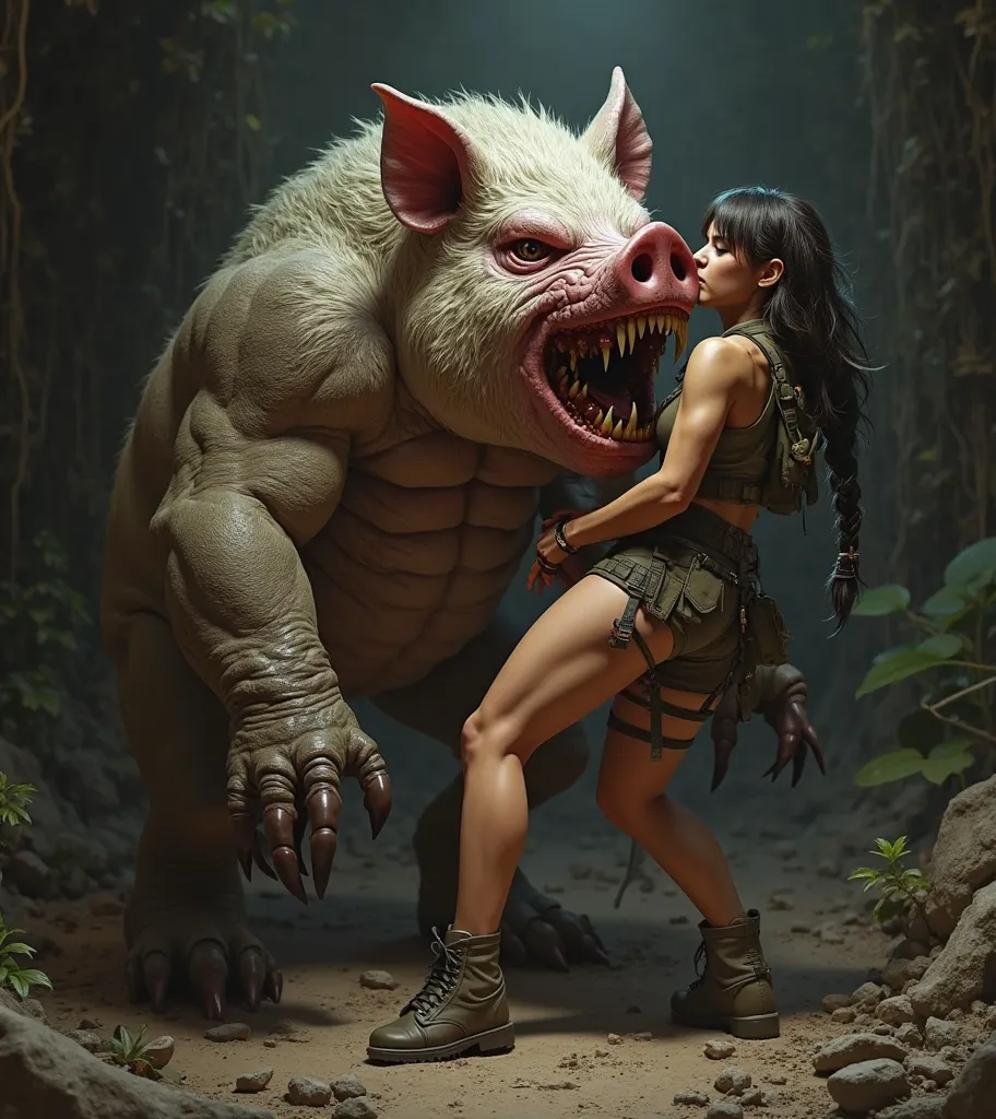 Pig monster kissing Lara Croft legs 