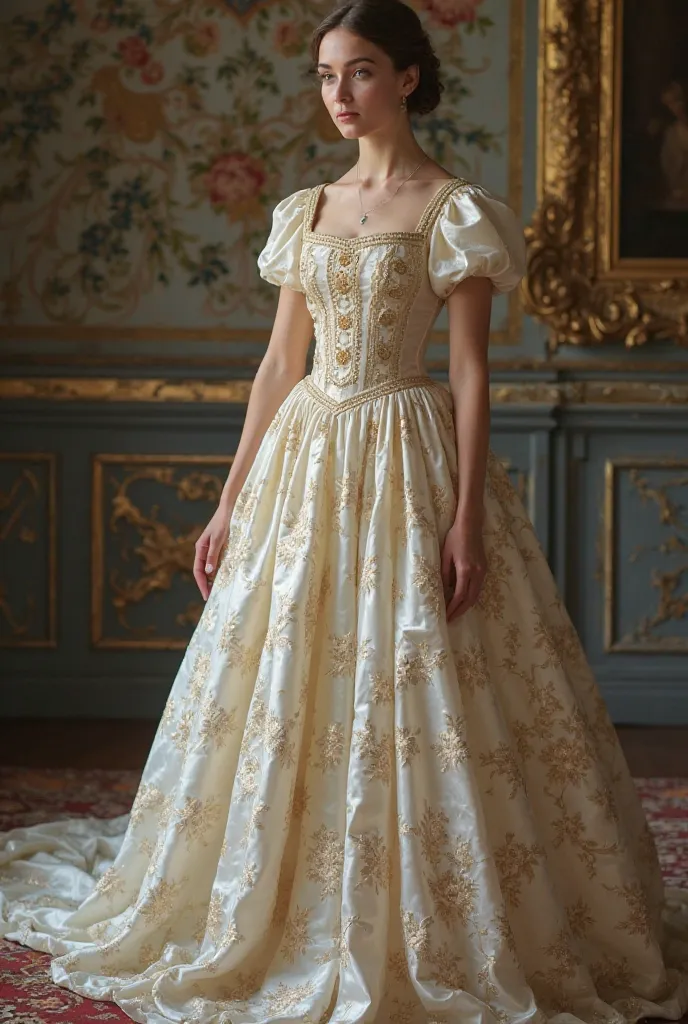 Create an image of a period dress (those dresses from the Regency period in England — between 1811 and 1820) for a princess based on this information: high belt (just below the bust), light and fluid fabric made of silk in a pearlescent shade,  short sleev...