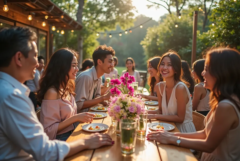 A realistic photograph of Japanese men and women in their 20s and 30s attending an outdoor celebration party. They are dressed in stylish yet casual attire, enjoying lively conversations and laughter in a warm and festive atmosphere. One of the guests, hol...