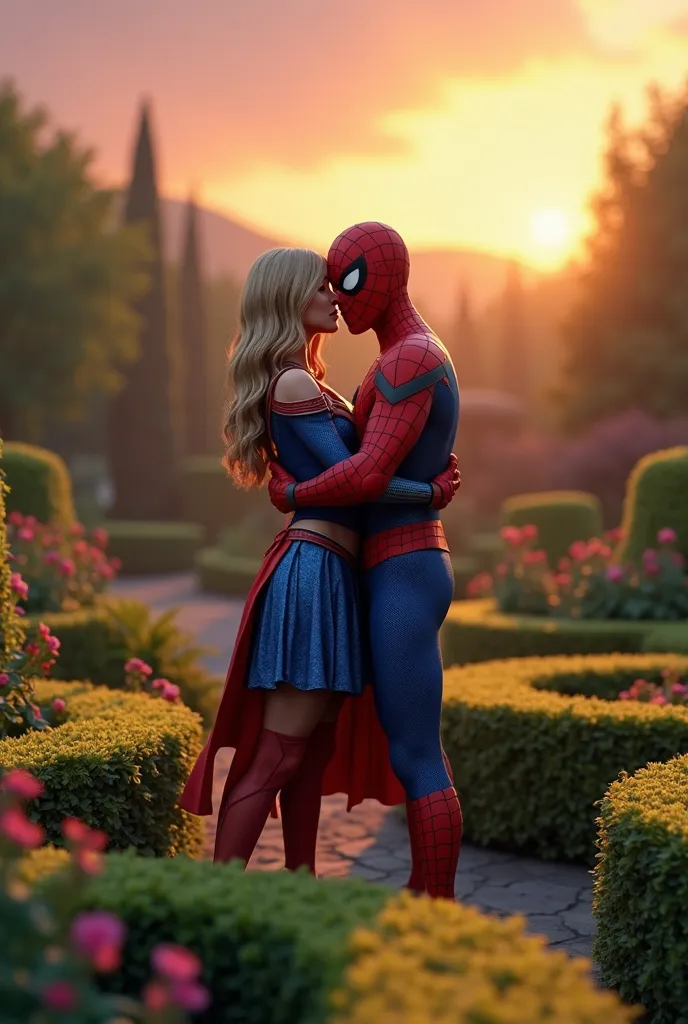 Super girl hugging Spider-Man in a garden with square shrubs at sunset 3D model and saturated colors 