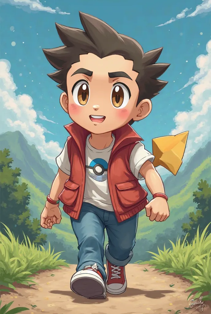 Draw Elon Musk in a walking version as if he were a Pokemon character wearing the Ash vest from Pueblo Paleta