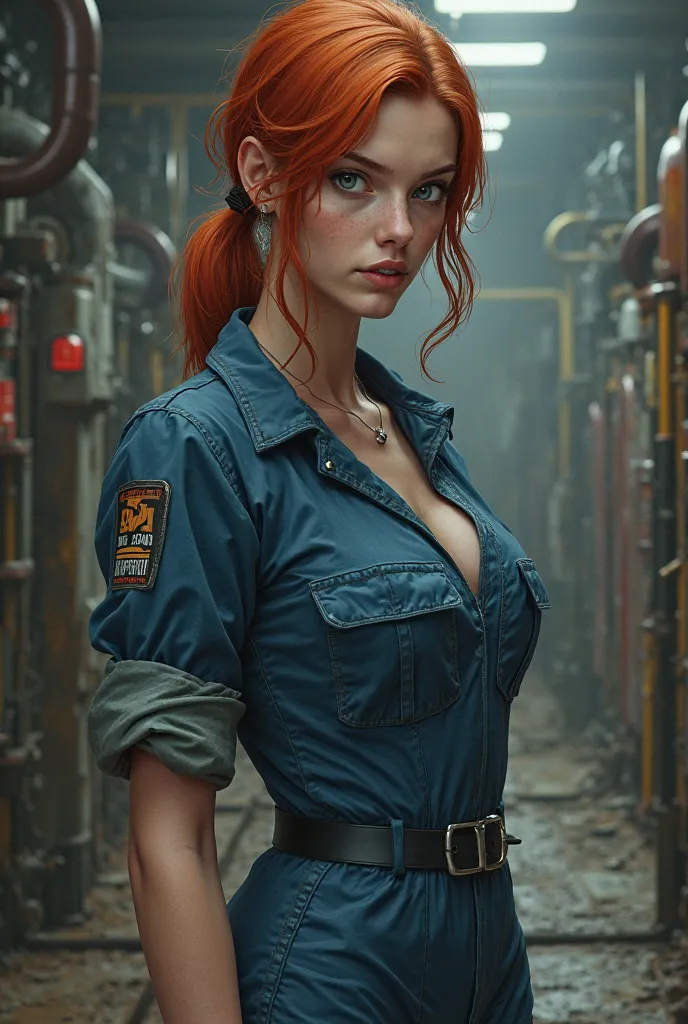 Vault girl, short small breasts, red head, blue jumpsuit, noticable breasts