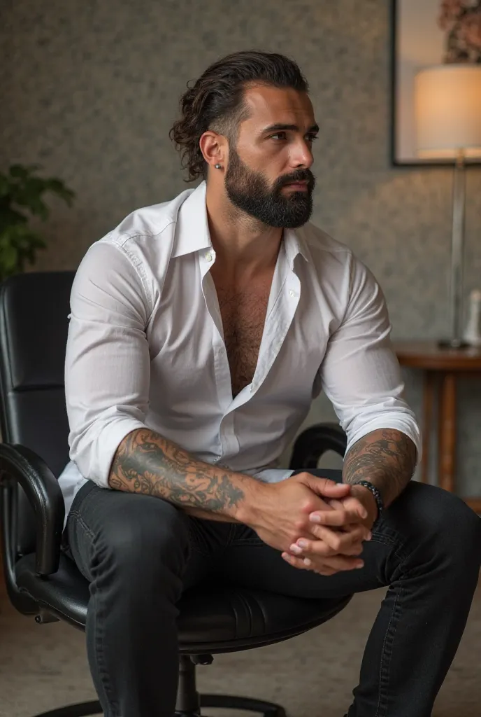 A man sitting on a chair in an office. He is 30 years old, very muscular and very handsome, wearing a very tight, transparent white shirt. He has a tattoo He kisses his friend while sitting on his feet. An attractive man, thirty years old and very muscular...