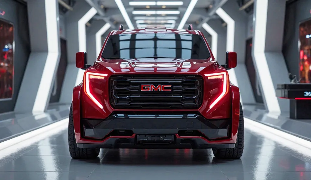 2025 (gmc savana 3500 concept titan) in (red)colour standing in showroom The Front View