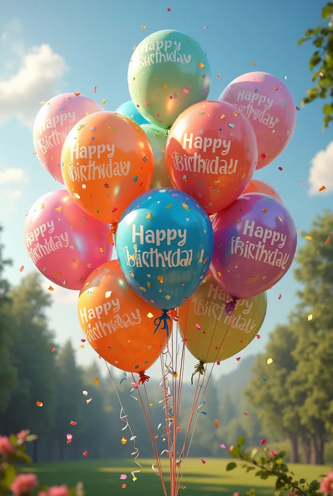 Several 'Happy Birthday" and colorful helium-filled balloons in an outdoor setting