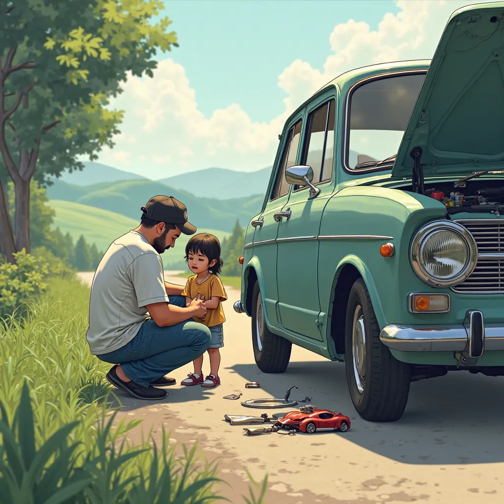 a man repairs a car on the road, girl standing next to her