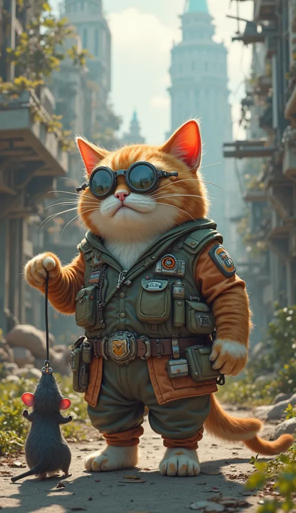 A big fat orange cat in a cool military outfit is holding the little black rat tail with one hand and lifting it up to see the cool handsome abandoned city background. Cute 3D realistic cartoon image.