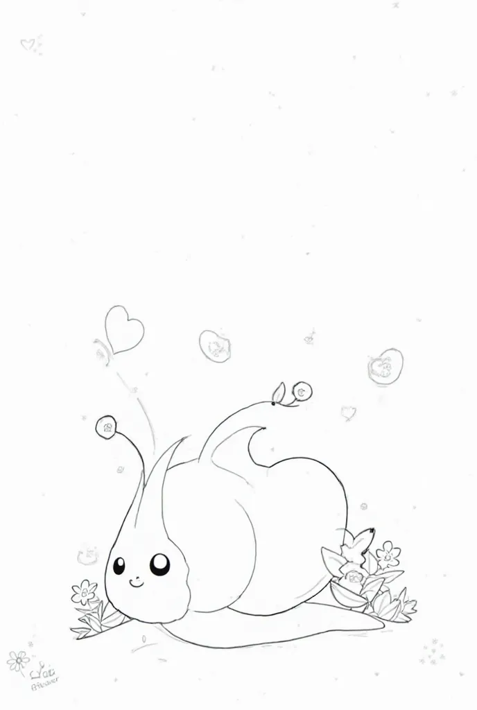 
An adorable snail with an expressive face and big, bright eyes. Its antennas are rounded, and its shell has spiral details. . The background contains delicate flowers and hearts, making the scene even cuter. The drawing is in black and white, Coloring lin...