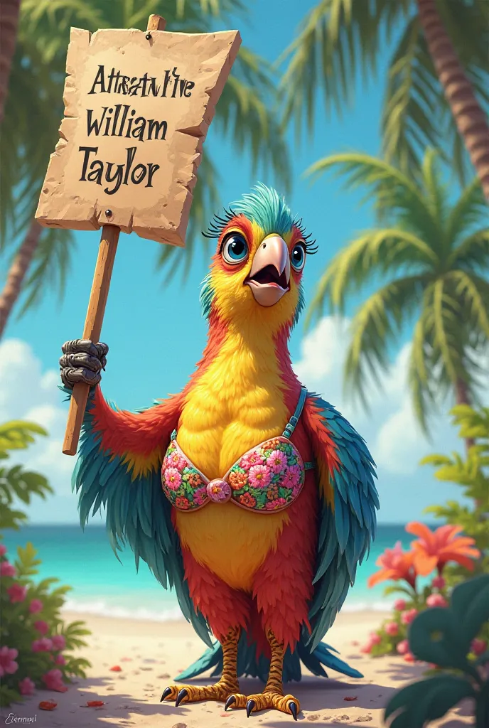 a bird in a bikini holding a sign saying william taylor is sexy