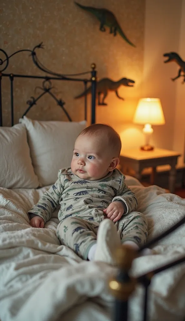 A baby wearing a dinosaur-themed sleepwear, lying on a wrought-iron bed with cotton sheets. The bedroom is adorned with dinosaur figures on the walls and a soft light from a dinosaur lamp that emits a soft light into the environment."