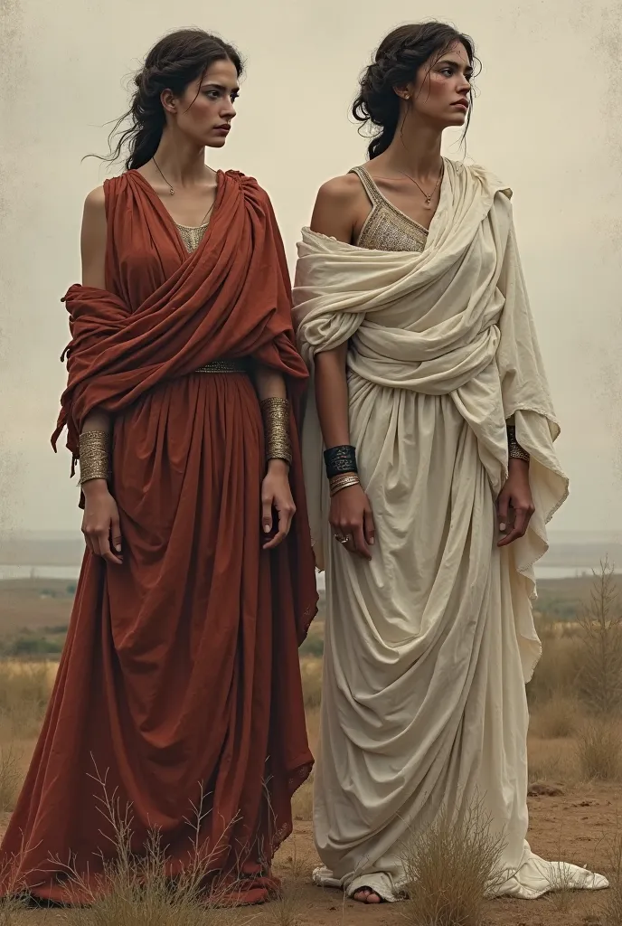 
Two characters from the play Antigone with the same clothes that were in that era with the same colors, fabric and features
