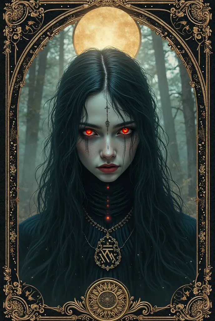 Full HD 4K image of a gothic supernatural character from "Twilight Sun (the sun)": Life energy with shades of melancholy. With a tarot design margin frame please.