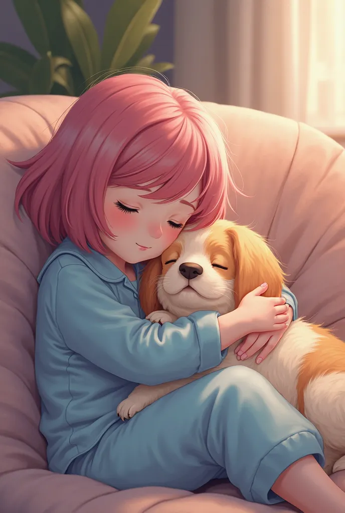 cute image of a sleeping girl cuddling a black dog and there on the couch  and the girl is a American girl in a blue cute pjs with pink short hair and blue eyes 