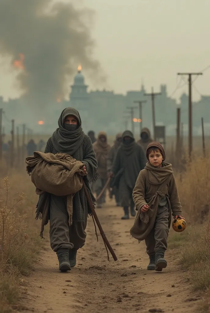 A small caravan of desperate survivors walks along a dirt path, leaving behind the plague-ridden city. Wrapped in wool cloaks, they trudge forward, carrying their few remaining belongings in cloth bundles. Some look back at the city, where plumes of smoke ...