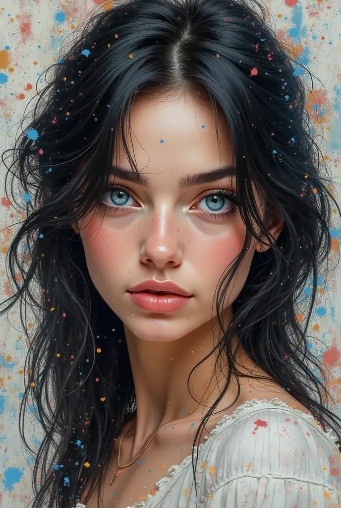 I would like an image of a woman's face. It has to be a realistic and quality image.  The woman has black hair , the eyes are blue and it is on a background with spots of paint.  A woman's face, on a background with paint stains. She has blue eyes and is a...