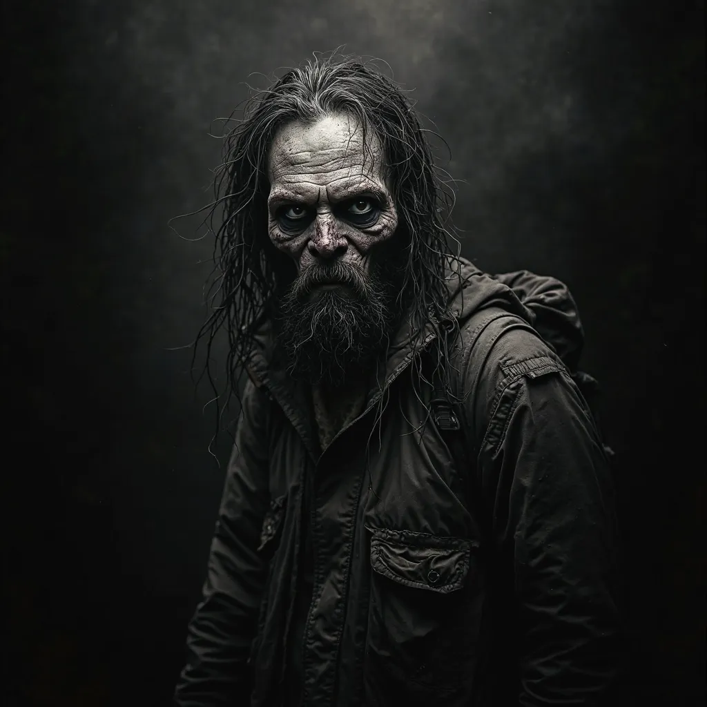 Zombie face with dark eyes and long hair, weather-scarred face wearing hiking clothes holding a map, portrait,  fog , black background, 4k, masterpiece, black and white', dingy