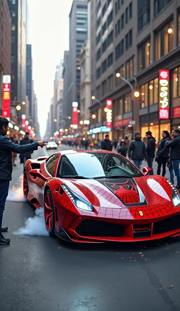 A vibrant and dynamic scene of a fully customized Ferrari sports car with the design of Spider-Man , on a busy street. The Ferrari is predominantly red and black, with futuristic geometric patterns that reinterpret the classic spider webs, creating a uniqu...