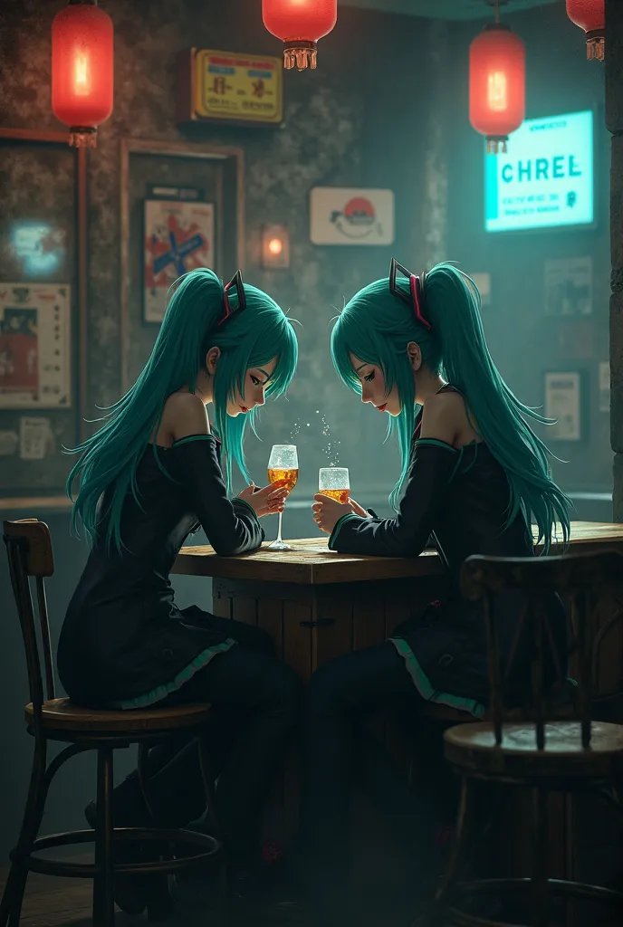 Hatsune Miku and Kasane Teto in a sad bar