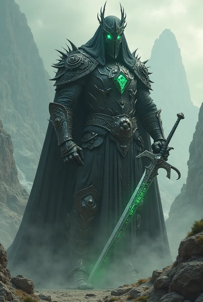 Create a mountain-sized rider, with black steel armor, an iron mask that covers your entire face, a black hoodie and cape, a crown of iron thorns, his eyes sparkle in green flames, carrying a medieval longsword with Viking runes carved on the blade shining...