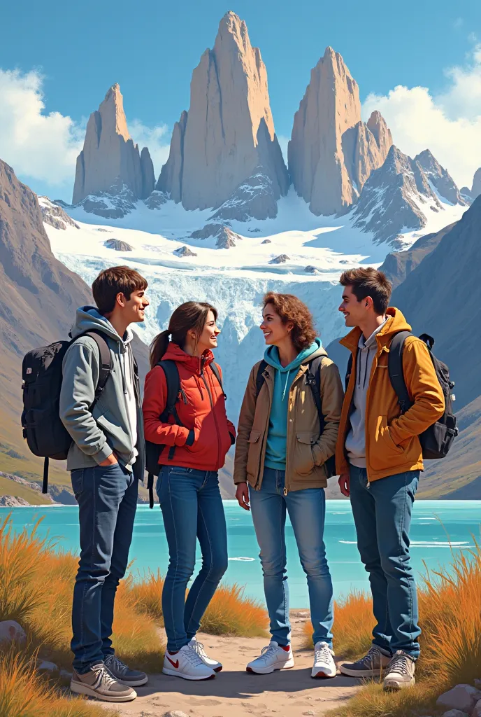 drawing of 4 medical students who are friends , Chilean men and women , In the background the Torres del Paine,   Punta Arenas  