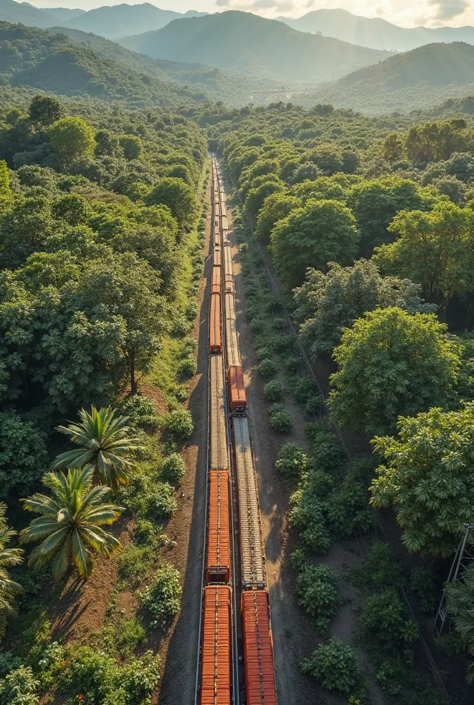 Create satellite image of a fruit farm with a sustainable storage system,this image must contain a freight train line that connects the farm in the interior of Jatoga to the Ceasa supply center in Cajamar