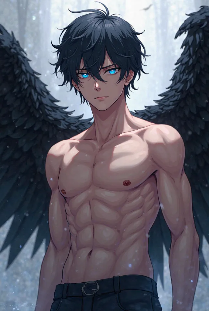 Anime guy.Jamil has black wings. Jamil has a beautiful bare chest. He has a beautiful blue eye. Anime