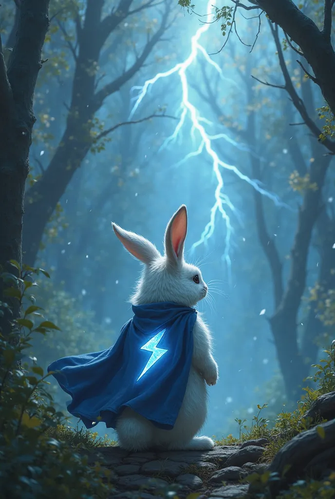 A cute white rabbit with a lightning bolt on his chest in a blue cape is watching the lightning-stricken forest with his back to us.