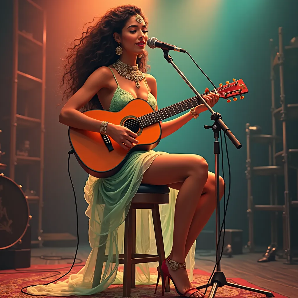 realistic illustration,  a beautiful busty young rajasthani woman, playing a plugged guitar and singing with a beautiful smile, dream pop band concert, open backless sideless strapless soft indian embroidered thin sheer stilettos, from indian subcontinent,...