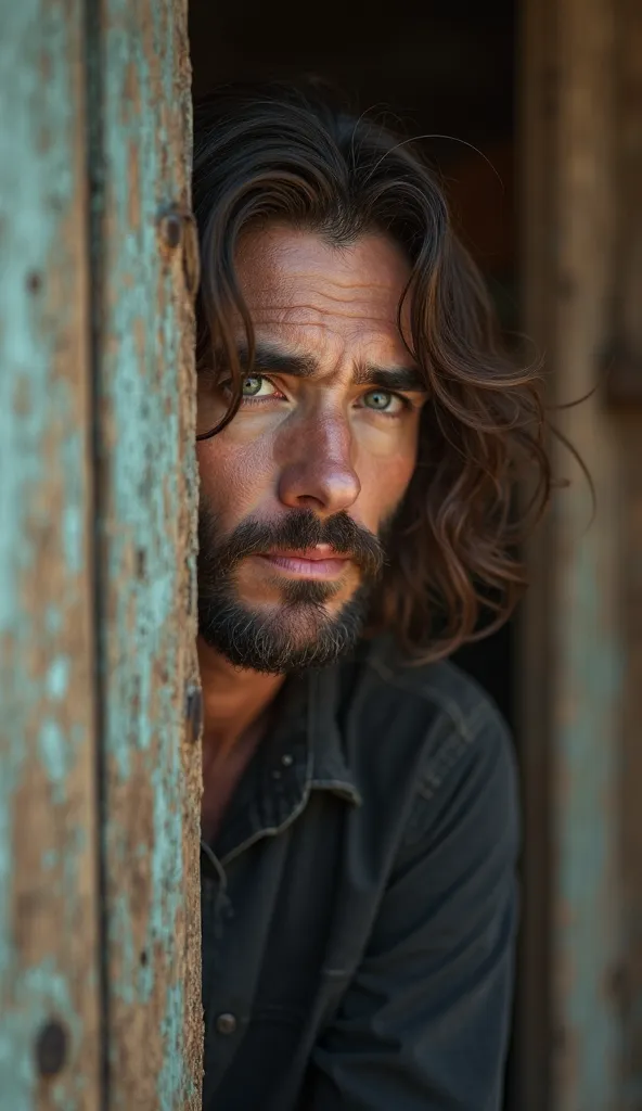 A realistic 4K portrait of a man with long, slightly wavy brown hair and a full, well-groomed beard, peeking from behind a wooden door. His face carries a serious, introspective, and empathetic expression, with deep, thoughtful eyes. He is wearing a loose,...