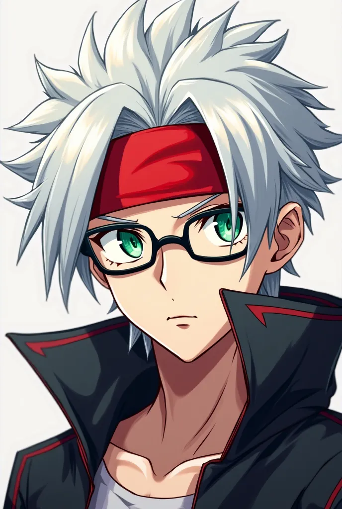 Generate me a white hair man wearing a red headband and she have a green eyes with a glasses  face logo anime