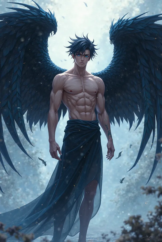 Anime guy.Jamil has black wings. Jamil has a beautiful chest, no clothes, and his eyes are blue anime