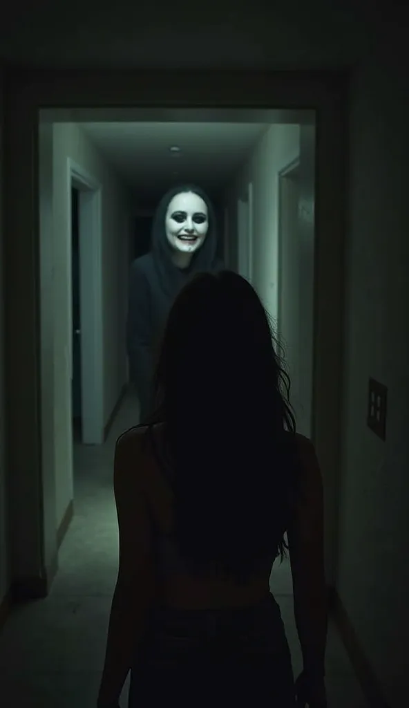 From the perspective of the young woman, staring into the dark hallway, an eerie, pale face emerges subtly from the shadows. Its features are distorted—hollow eyes, a twisted grin, and an almost translucent, ghostly texture. The face is only partially visi...