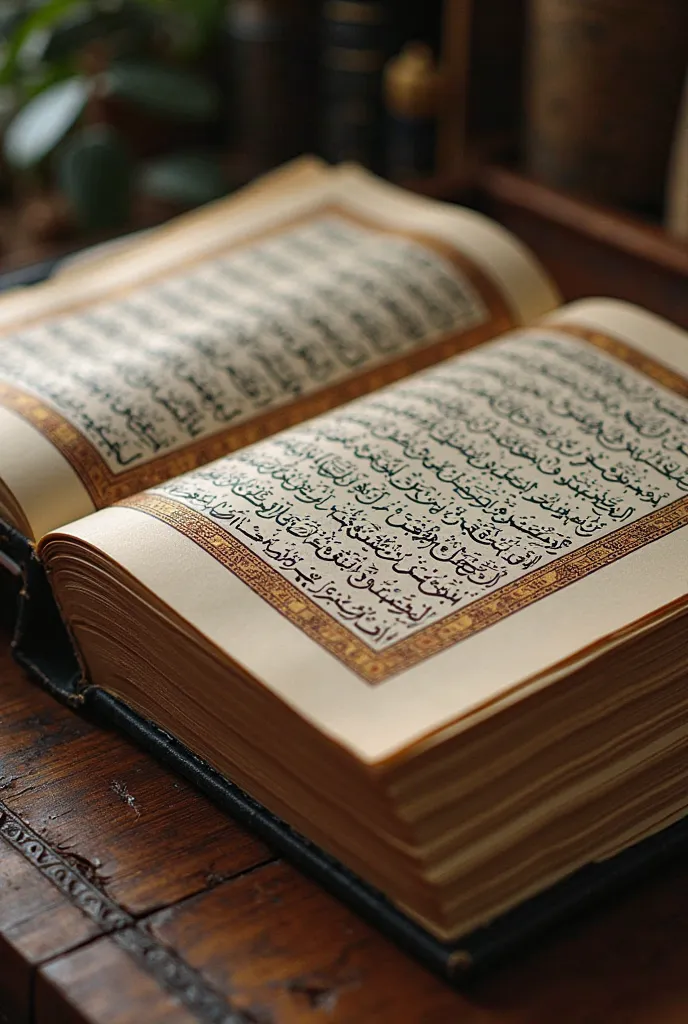 The paper should look like standard paper, while the cover should feature Arabic Quranic calligraphy that appears intriguing and inviting to read, making it look as authentic as possible.

The Quran should be placed straight, as if it is being opened and r...