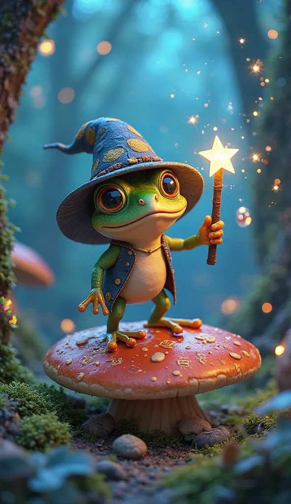 Cute frog, cartoon 3D, wearing a tiny wizard hat and holding a glowing star-tipped wand, standing on a giant glowing mushroom. Bioluminescent forest background, floating spellbooks, sparkling fireflies forming runes, glowing moss underfoot, rainbow mist sw...