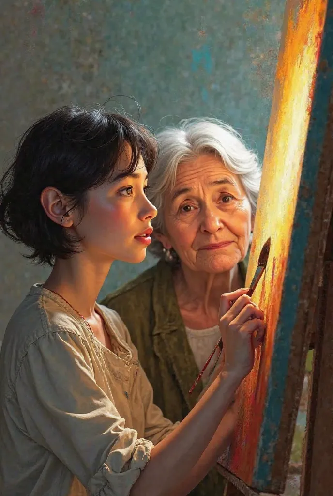 A 15-year-old thin girl with short black hair painting on a canvas an elderly woman and a young woman looking at her with eyes of love 