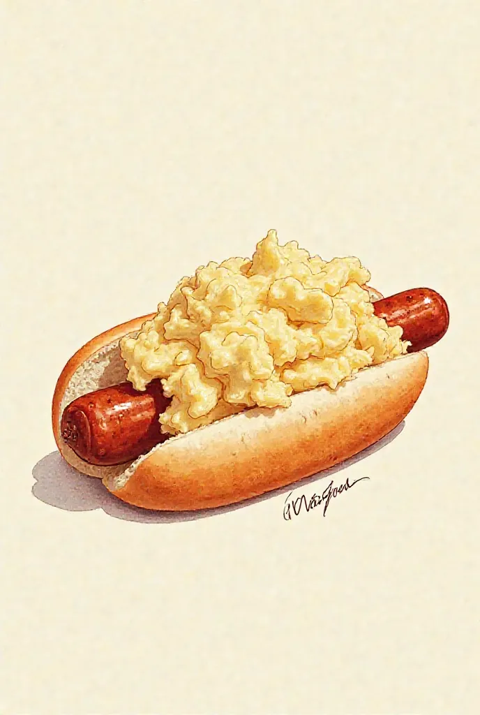 /imagine prompt: "Artistic drawing of a hot dog with mashed potatoes. The dish features soft bread with cooked sausage, filled with a generous serving of mashed potatoes, showing realistic details in the contours and vibrant colors. Design style with expre...